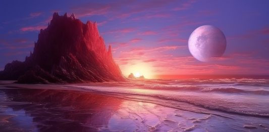 magnifique soleil couchant violet sur une plage imaginaire