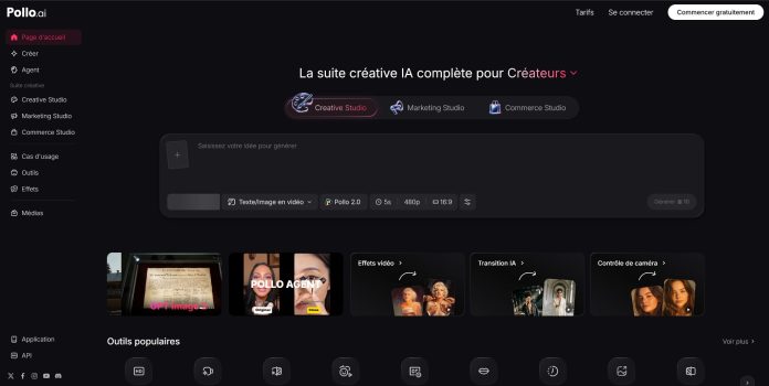 Interface de la plateforme Pollo AI avec Creative Studio, Marketing Studio et Commerce Studio