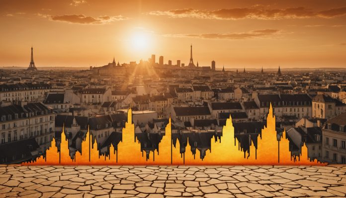 Vague de chaleur au-dessus d'une ville française avec des symboles economiques en surimpression