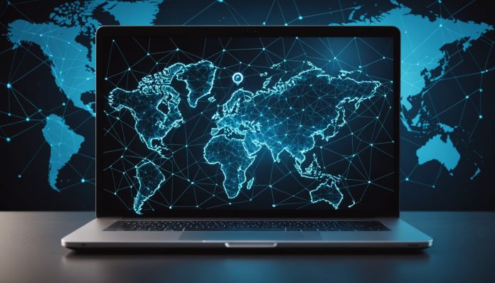Illustration d'un réseau VPN mondial sécurisé sur un ordinateur portable