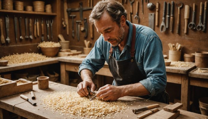 Artisan travaillant dans un atelier traditionnel, ambiance chaleureuse, savoir-faire français