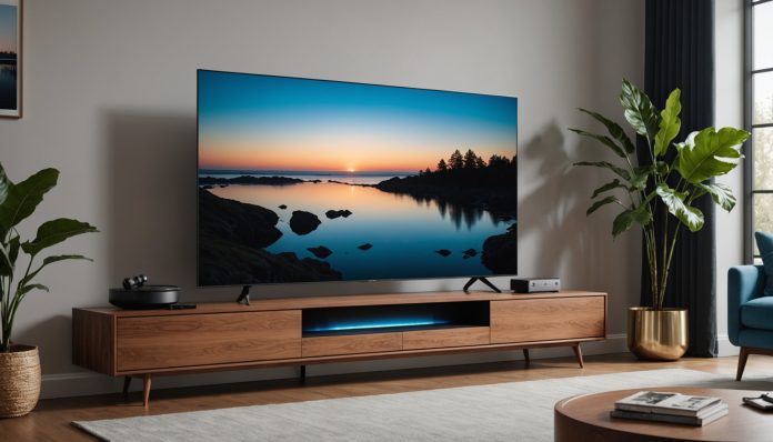 Barre de son Sonos Arc Ultra posée sous un téléviseur dans un salon moderne