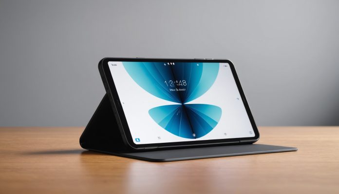Smartphone pliable haut de gamme entrouvert sur un bureau minimaliste