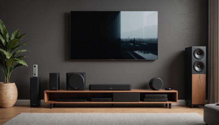 Barre de son moderne avec caisson de basses sans fil devant un téléviseur dans un salon