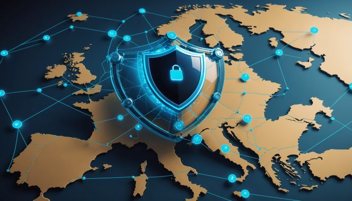 Illustration d'un bouclier numerique protegeant un reseau VPN a l'echelle europeenne