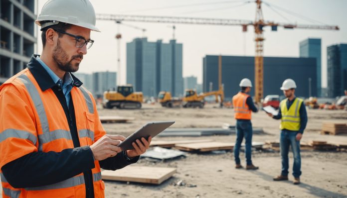 Responsable de chantier BTP consultant un tableau de bord numérique sur tablette