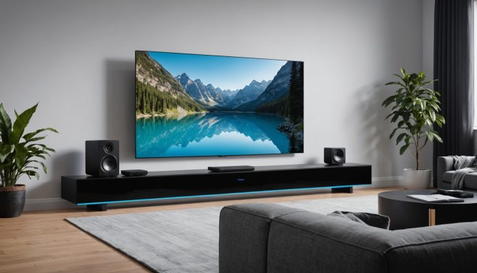 Barre de son moderne noire installée sous un téléviseur dans un salon, ambiance home cinéma