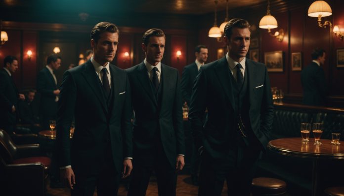 Atmosphère cinématographique évoquant une série criminelle britannique dans un club feutré
