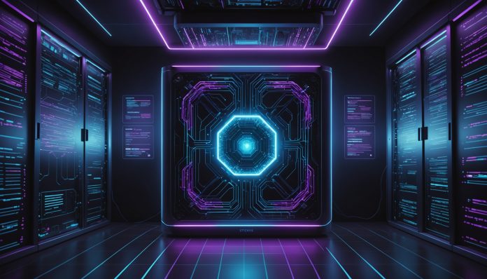 Illustration futuriste d'un noyau d'intelligence artificielle entouré de flux de données