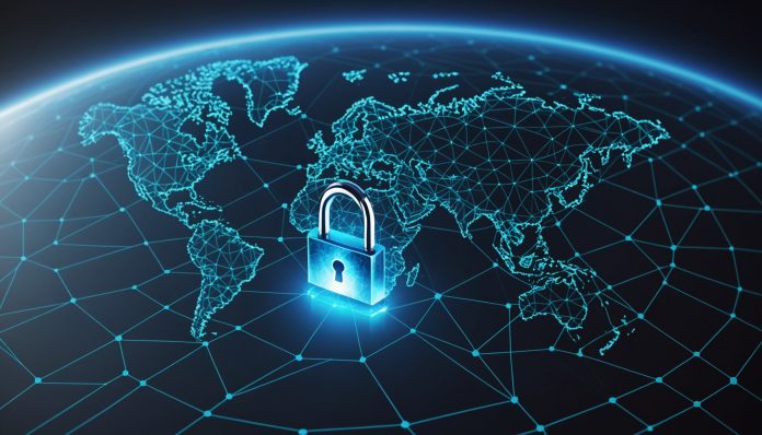 Illustration abstraite d'un cadenas numérique et d'un pare-feu sur fond de carte du monde, symbole du blocage des VPN