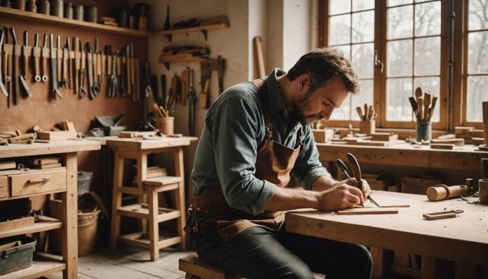 Artisan français travaillant le bois dans un atelier lumineux