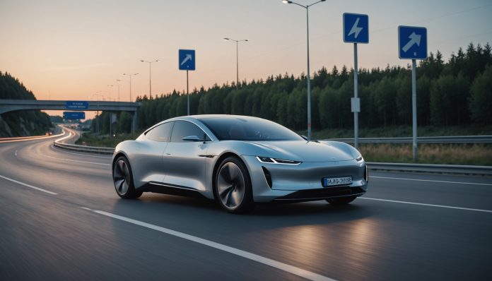 Voiture électrique sur une route française au crépuscule, illustration de la conduite autonome et des capteurs Tesla FSD