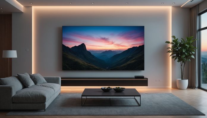 Téléviseur 100 pouces diffusant une lumière ambiante colorée sur un mur de salon