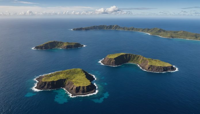 Vue aérienne de deux îles volcaniques inhabitées dans le Pacifique, symbole du litige territorial entre le Vanuatu et la France