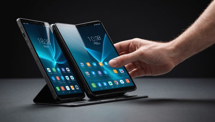 Smartphone tri-pliable déplié en mode tablette dans une main