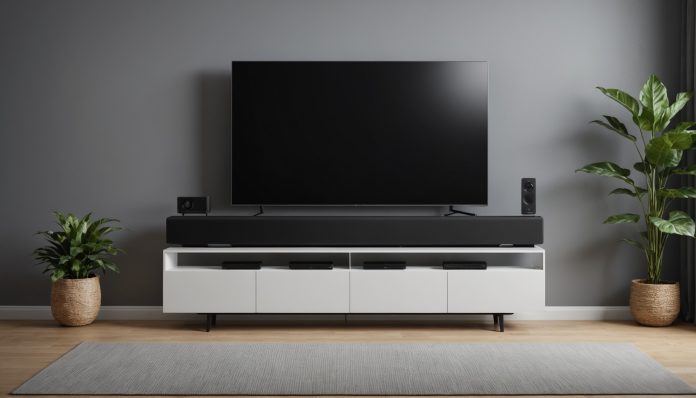 Barre de son moderne posée sous une télévision dans un salon, illustrant la Sonos Beam Ultra