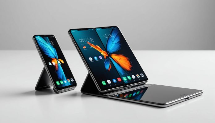Smartphone pliable et smartphone premium Apple présentés côte à côte lors de la keynote produit