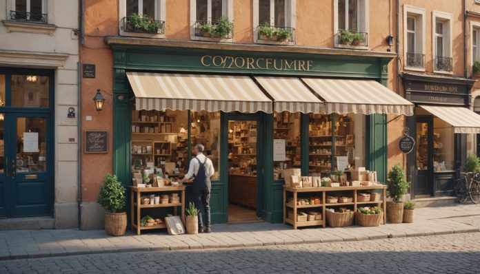 Petit commerce de proximité dans une rue animée, illustration du soutien au commerce local