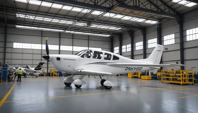 Chaîne de montage d'avions légers en matériaux composites dans un hangar industriel moderne