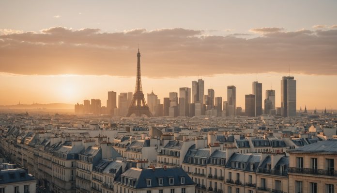 Illustration éditoriale de l'économie française, courbe de croissance en baisse sur fond de skyline d'affaires parisien