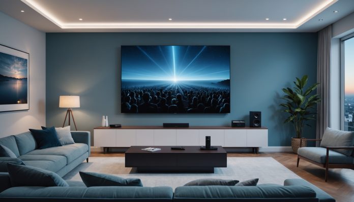 Vidéoprojecteur laser 4K diffusant une image dans un salon moderne connecté
