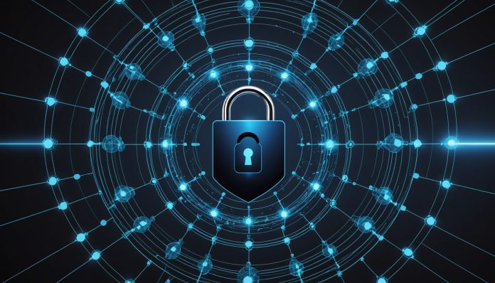 Illustration numérique d'un bouclier et d'un cadenas protégeant un réseau européen, symbole de la vérification d'âge en ligne et de la régulation des VPN