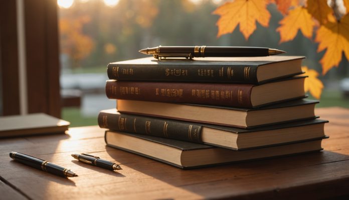 Pile de livres reliés sur un bureau en bois avec une lumière chaude d'automne
