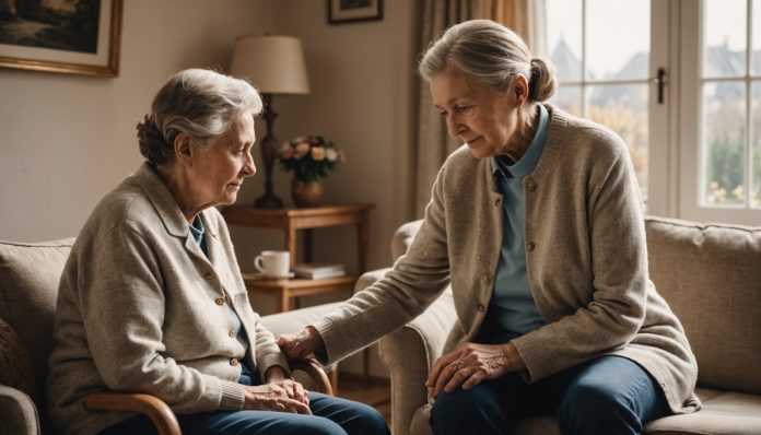 Aide à domicile accompagnant une personne âgée à son domicile
