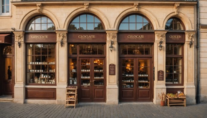 Façade d'une chocolaterie artisanale et vignoble français en lumière dorée, illustration patrimoine gourmand