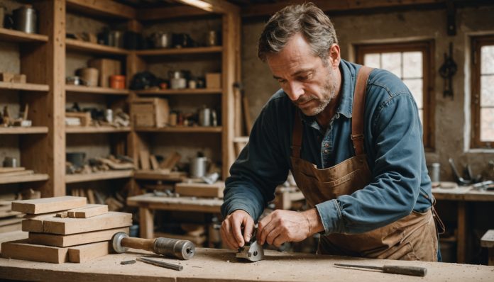 Artisan du bâtiment travaillant avec des matériaux de construction dans un atelier