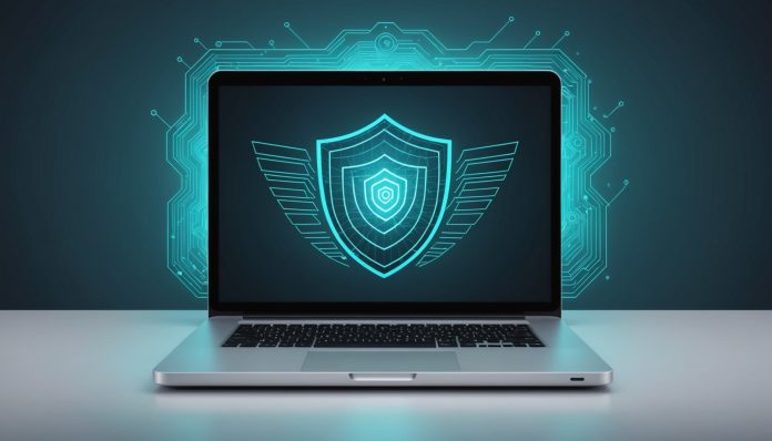 Illustration d'un ordinateur portable protégé par un bouclier numérique symbolisant un antivirus