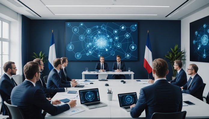 Professionnels discutant de l'intelligence artificielle au travail dans un cadre institutionnel