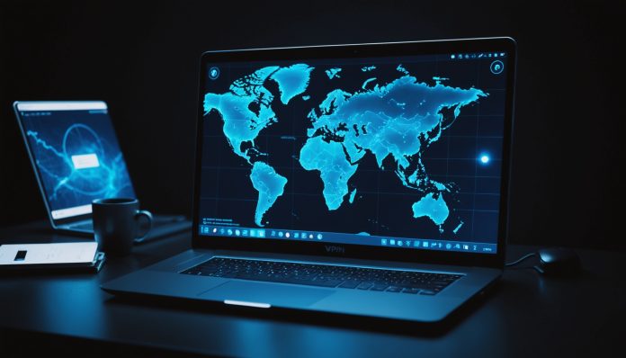 Ordinateur portable avec une carte du monde numérique et une icône de cadenas, symbole de la confidentialité en ligne et des VPN
