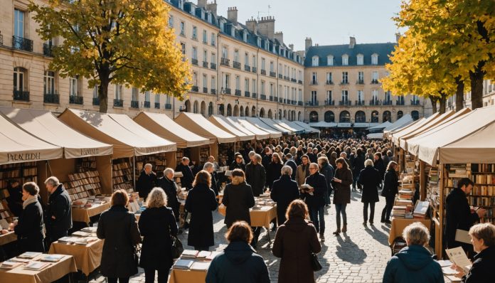 Stands de livres lors d'un festival littéraire en plein air