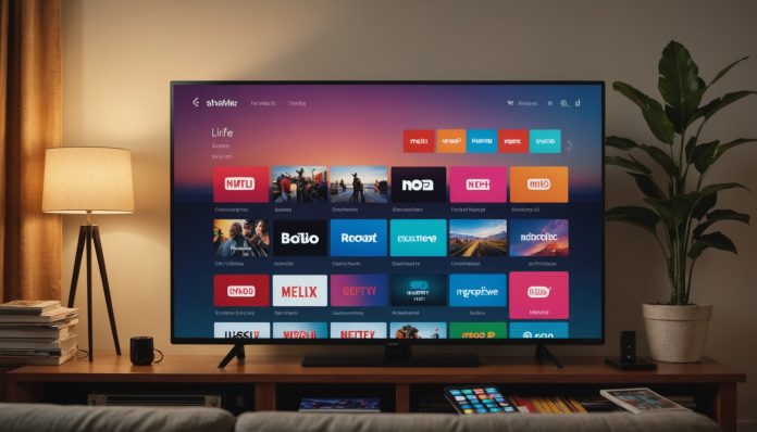 Illustration d'un écran de télévision affichant une interface de streaming colorée avec une télécommande au premier plan