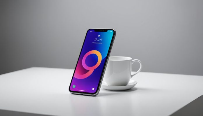 Smartphone haut de gamme exposé dans une boutique au design épuré
