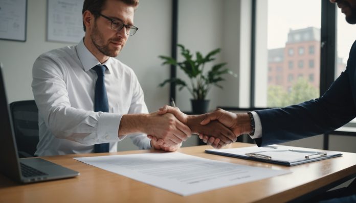 Salarié et employeur discutant d'une rupture conventionnelle autour d'un bureau
