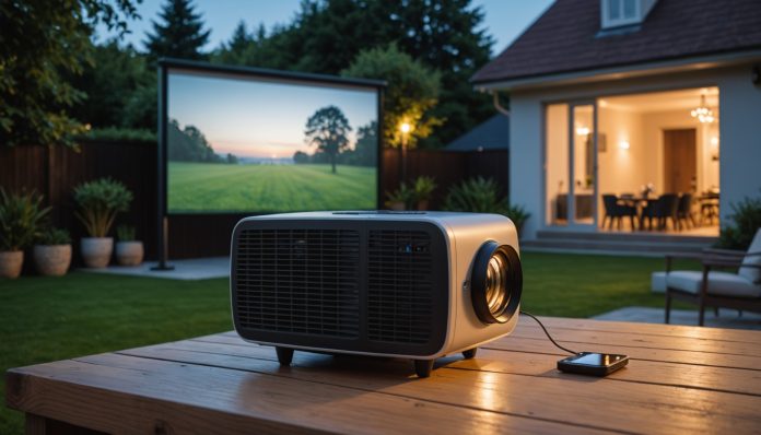 Vidéoprojecteur nomade sur batterie projetant une image en extérieur au crépuscule