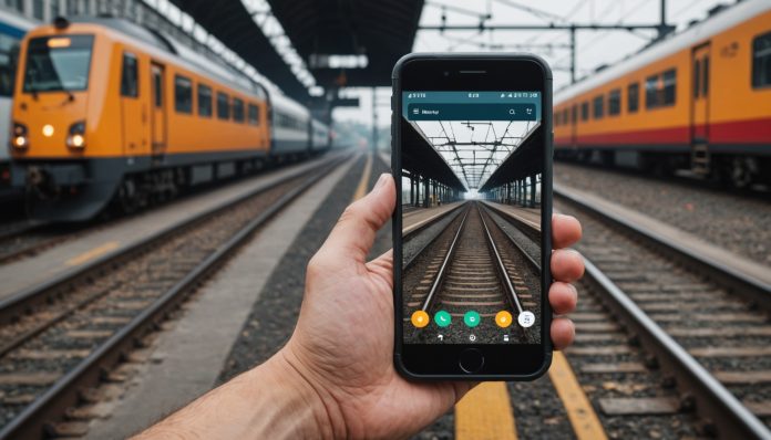 Smartphone professionnel tri-mode utilisé par un agent ferroviaire sur un quai de gare