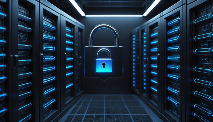 Illustration abstraite de cybersécurité avec cadenas et réseau de serveurs