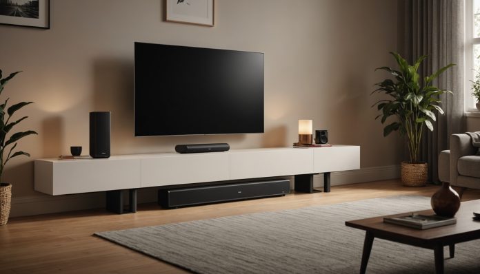 Barre de son moderne avec caisson de basses sans fil dans un salon