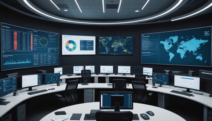 Bureau technologique moderne avec visualisation de données sur grands écrans, ambiance investissement et intelligence artificielle