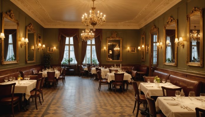 Salle de restaurant style bouillon parisien, tables dressées pour le service