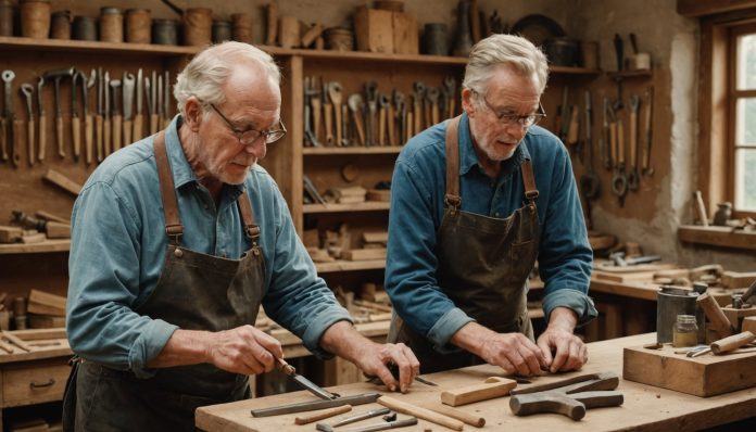 Artisan transmettant son savoir-faire à un jeune apprenti dans un atelier de menuiserie