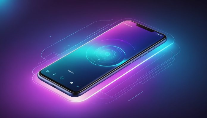 Smartphone avec interface futuriste illustrant une mise à jour logicielle