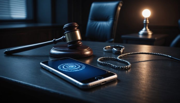 Illustration symbolisant un litige de brevet technologique autour d'un smartphone