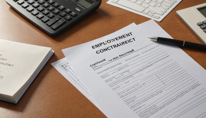 Bureau avec contrat de travail signé et calculatrice, symbole du calcul d'une indemnité de rupture conventionnelle