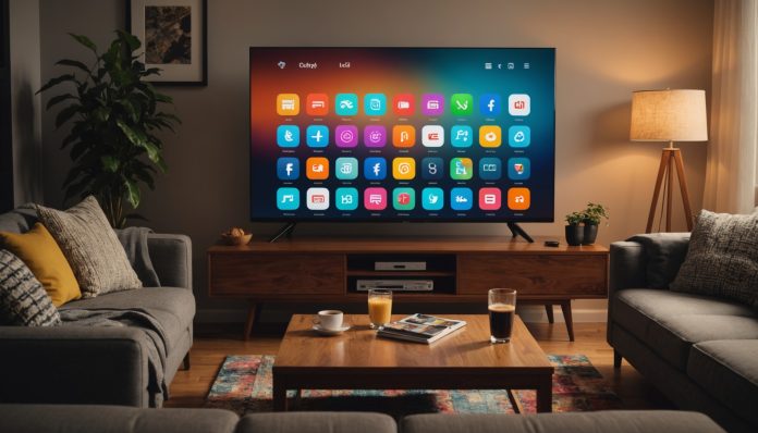 Salon moderne avec téléviseur affichant des icônes d'applications de streaming