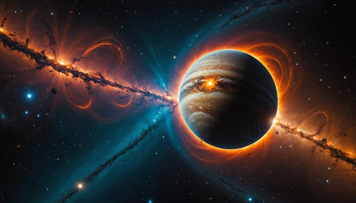 Représentation d'une exoplanète géante en formation dans un disque protoplanétaire autour d'une jeune étoile