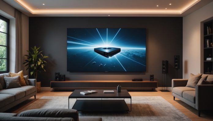 Vidéoprojecteur laser ultra courte focale projetant une image sur un mur de salon